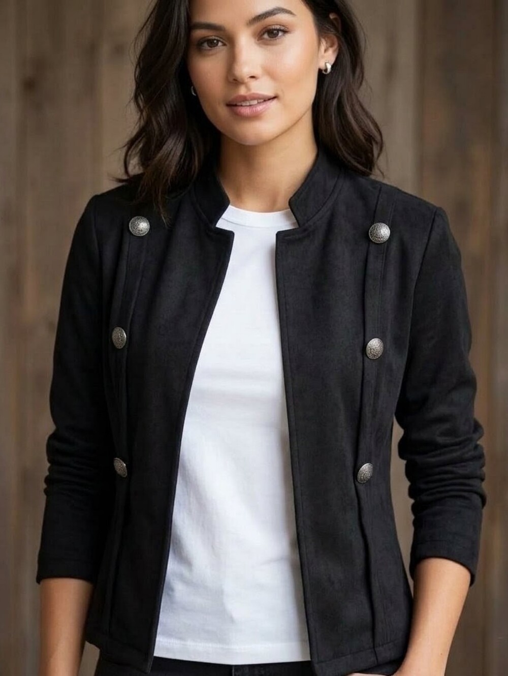 Faux Suede Military-Style Open-Front Jacket (Size XXL)